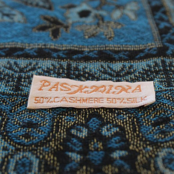 Pashmina Shawl Scarf Cashmere Silk Teal Blue Turquoise Black Paisley Wrap 68x26 - Picture 5 of 7